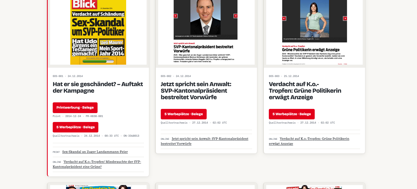 Drei Registerkarten der eigenen Beweisgalerie, DOS-001 bis DOS-003 vom 24. und 25. Dezember 2014: je Vorschaubild der Publikation, Datum, Titel, die roten Knöpfe «Printwerbung · Belege» und «5 Werbeplätze · Belege» sowie die Zeilen «Quelltextnachweis» mit Datum und UTC-Zeit; unten beginnt die nächste Reihe.