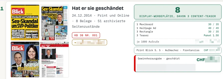 Eine Kartenseite der eigenen Beweisgalerie: der Beitrag «Hat er sie geschändet» vom 24. Dezember 2014 mit den Vorschaubildern der Print- und Onlinefassung, Datum, Publikationsform, 8 Belegen und 51 archivierten Seitenzuständen; rechts ein Kasten mit 8 Display-Werbeplätzen, davon 3 Content-Teaser, darunter die Werbeformate Maxiboard, Halfpage Ad, Rectangle und Teaser mit ihrem Tarif. Die Frankenbeträge sind unkenntlich gemacht.