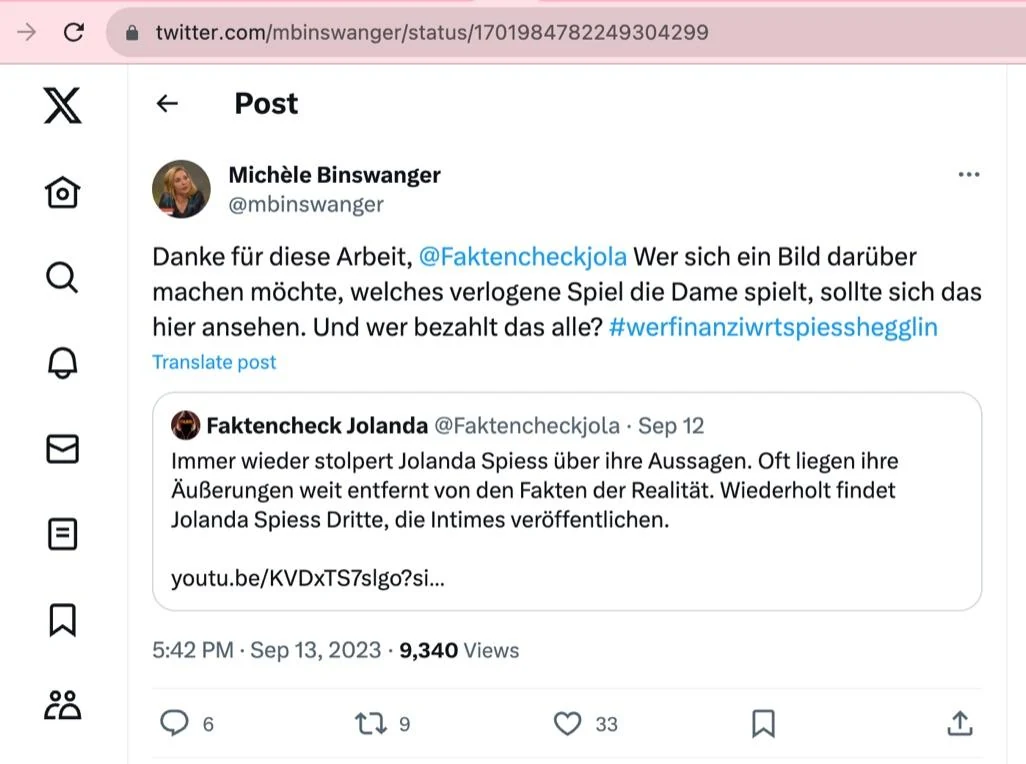 Post von Michèle Binswanger vom 13. September 2023: Danke für diese Arbeit an den Faktencheck-Account, mit der Frage, wer Jolanda Spiess finanziere. Darunter der zitierte Post des Accounts.