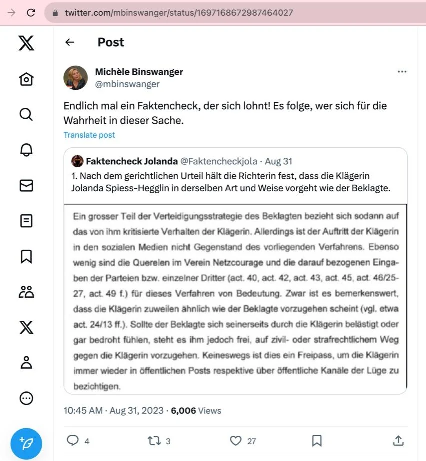 Post von Michèle Binswanger vom 31. August 2023: Endlich mal ein Faktencheck, der sich lohnt! Es folge, wer sich für die Wahrheit in dieser Sache. Darunter der zitierte Post des Faktencheck-Accounts.