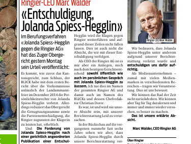 Blick vom 25. August 2020: «Entschuldigung, Jolanda Spiess-Hegglin», dazu die Erklärung von Ringier-CEO Marc Walder