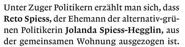 Die Weltwoche behauptet: Reto Spiess sei aus der gemeinsamen Wohnung ausgezogen.
