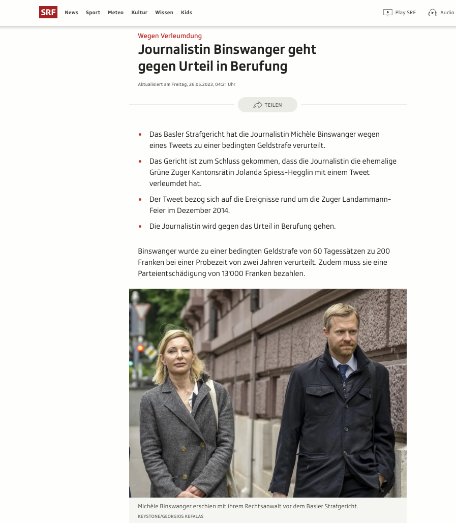 Tages-Anzeiger-Journailstin (resp. ihr Arbeitgeber) geht gegen Verleumdungs-Urteil in Berufung